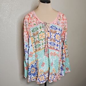 Feathers By Tolani Floral Patchwork Peasant Top Long Sleeve W Embroidery Small